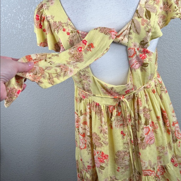 BOG Collective Yellow Pink Floral Flowy Boho Cottagecore Romantic Mini Dress L - Picture 4 of 5